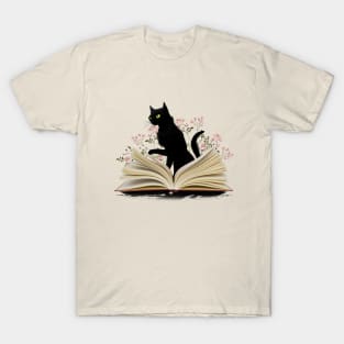 Cat reading a book, watercolor style, flowers growing from book, cats end books lovers lover T-Shirt